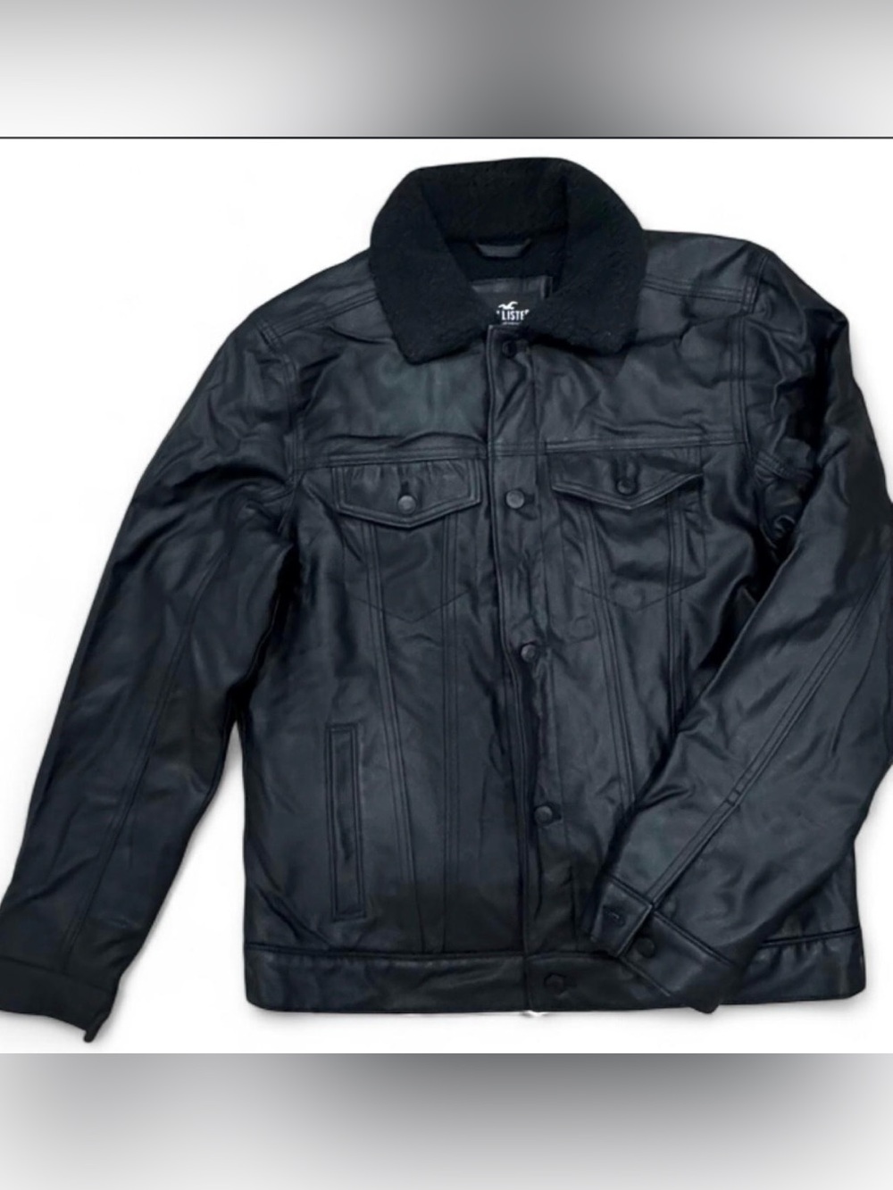 Hollister Black Faux Leather Bomber Jacket with Sherpa Collar